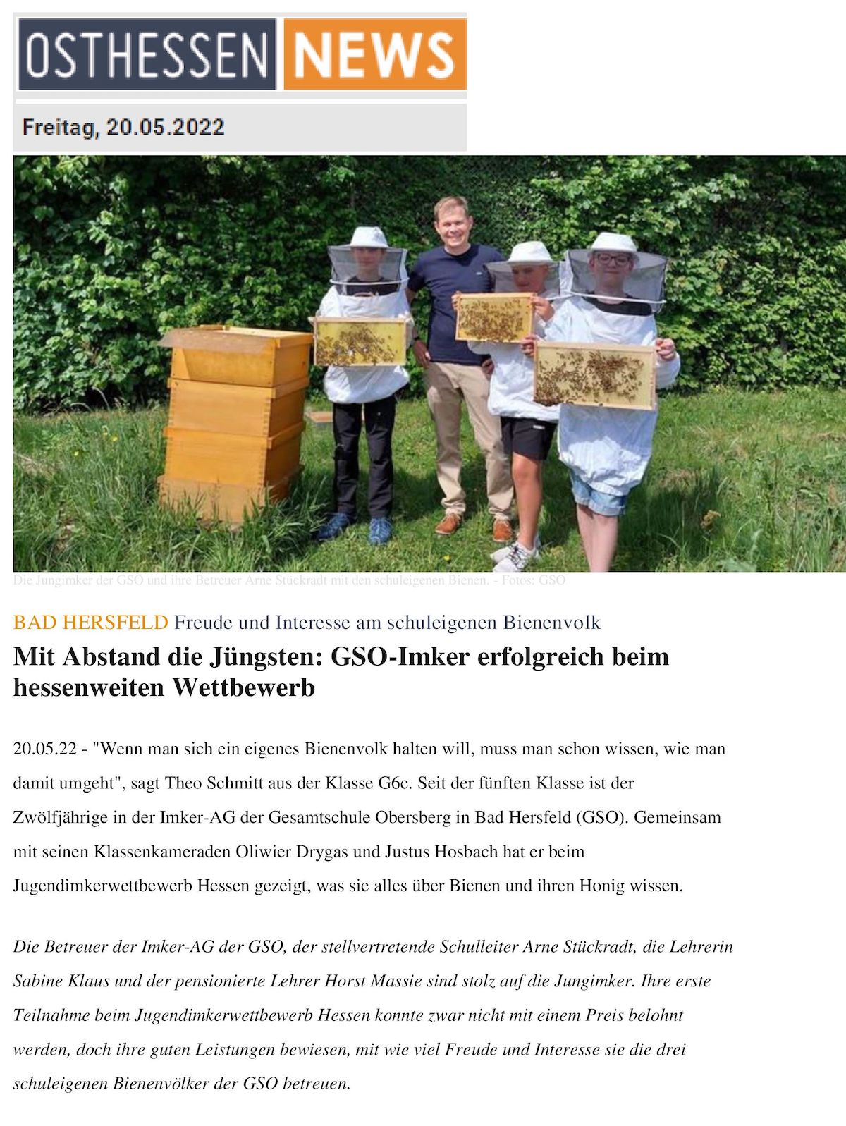 Die Jungimker der GSO und ihre Betreuer Arne Stckradt mit den schuleigenen Bienen 1